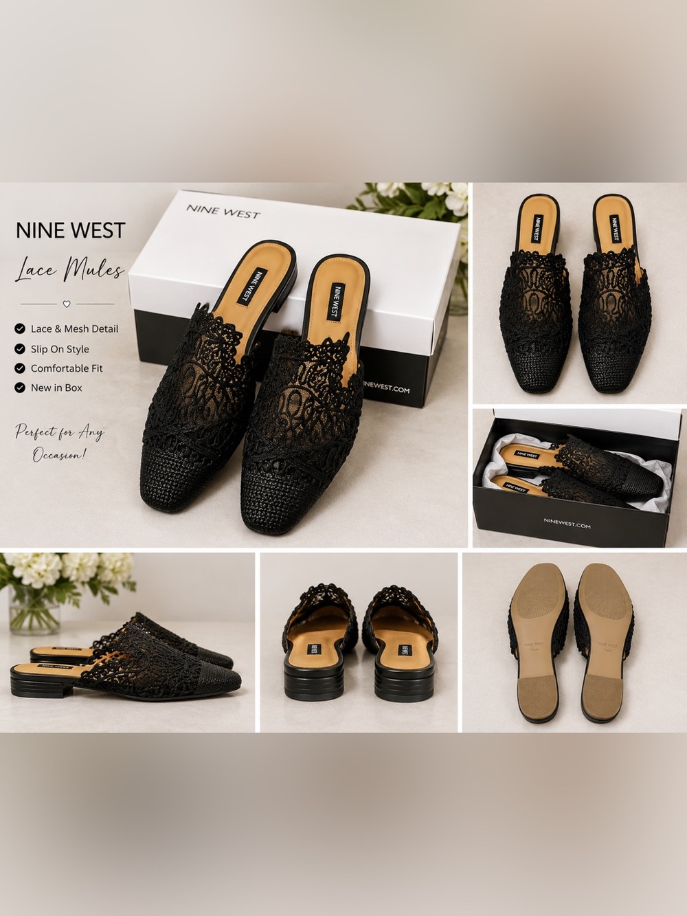 Nine West Black Lace Slip-On Mules with Scalloped Edge